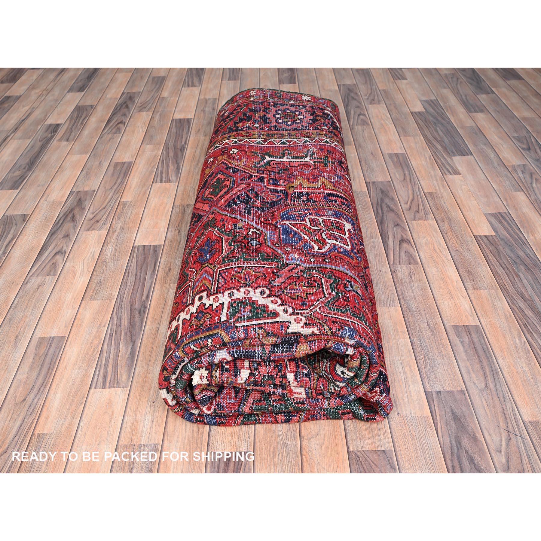 Red Hand Knotted Vintage Bohemian Persian Heriz Rustic Feel Pure Wool Clean Rug For Sale 5