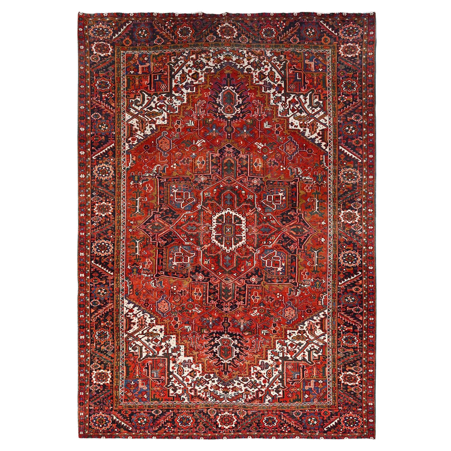 Red Hand Knotted Vintage Bohemian Persian Heriz Rustic Feel Pure Wool Clean Rug For Sale