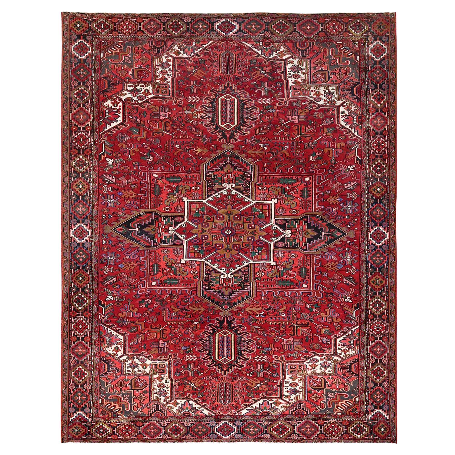 Red Hand Knotted Vintage Bohemian Persian Heriz Rustic Look Pure Wool Clean Rug For Sale