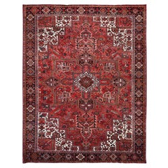 Red Hand Knotted Vintage Heriz Medallion Design Wool Clean Rustic Look Soft Rug