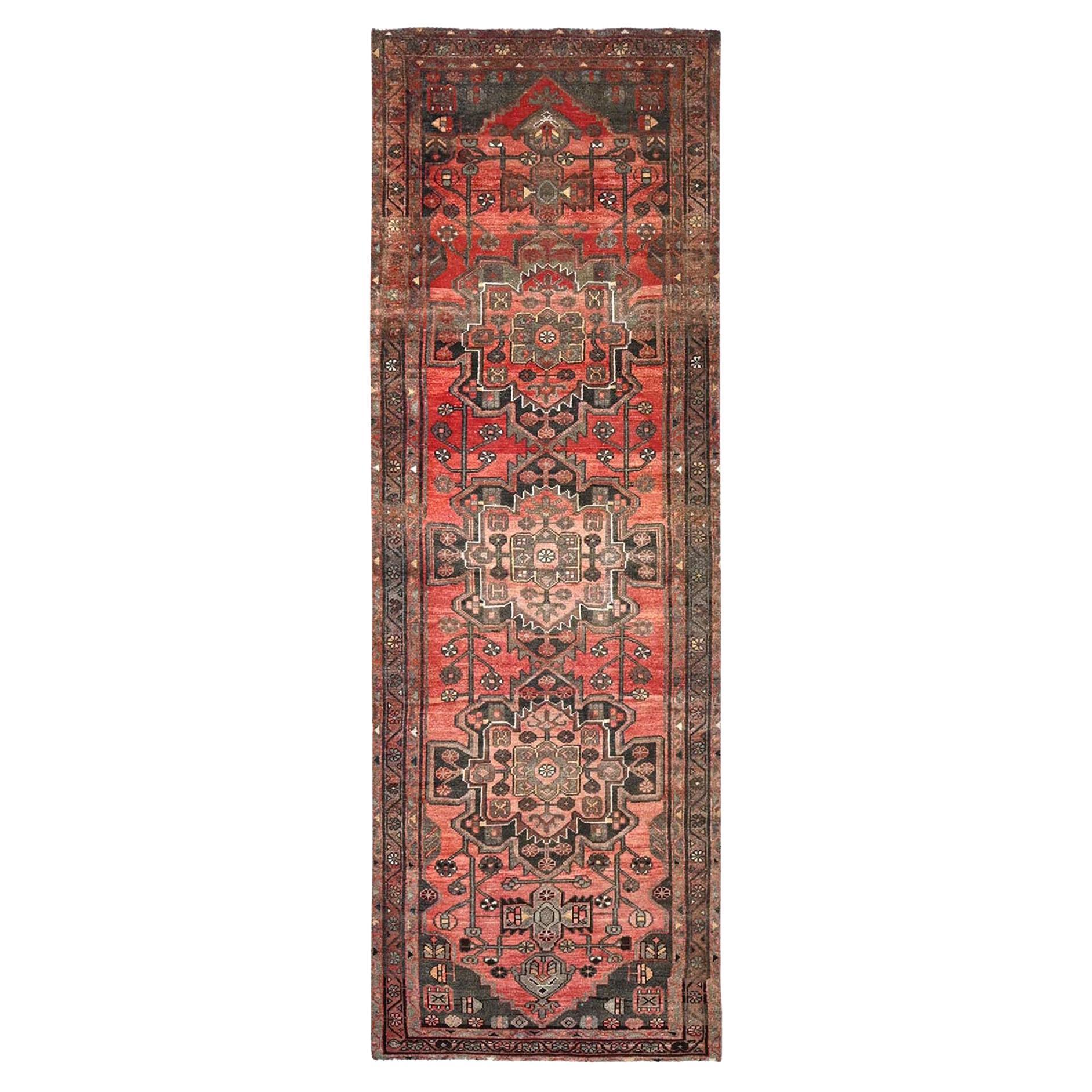 Red Hand Knotted Vintage Northwest Persian Sheared Low Wool Clean Runner Rug