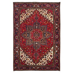 Red Hand Knotted Retro Persian Heriz Clean Pure Wool Distressed Loook Rug