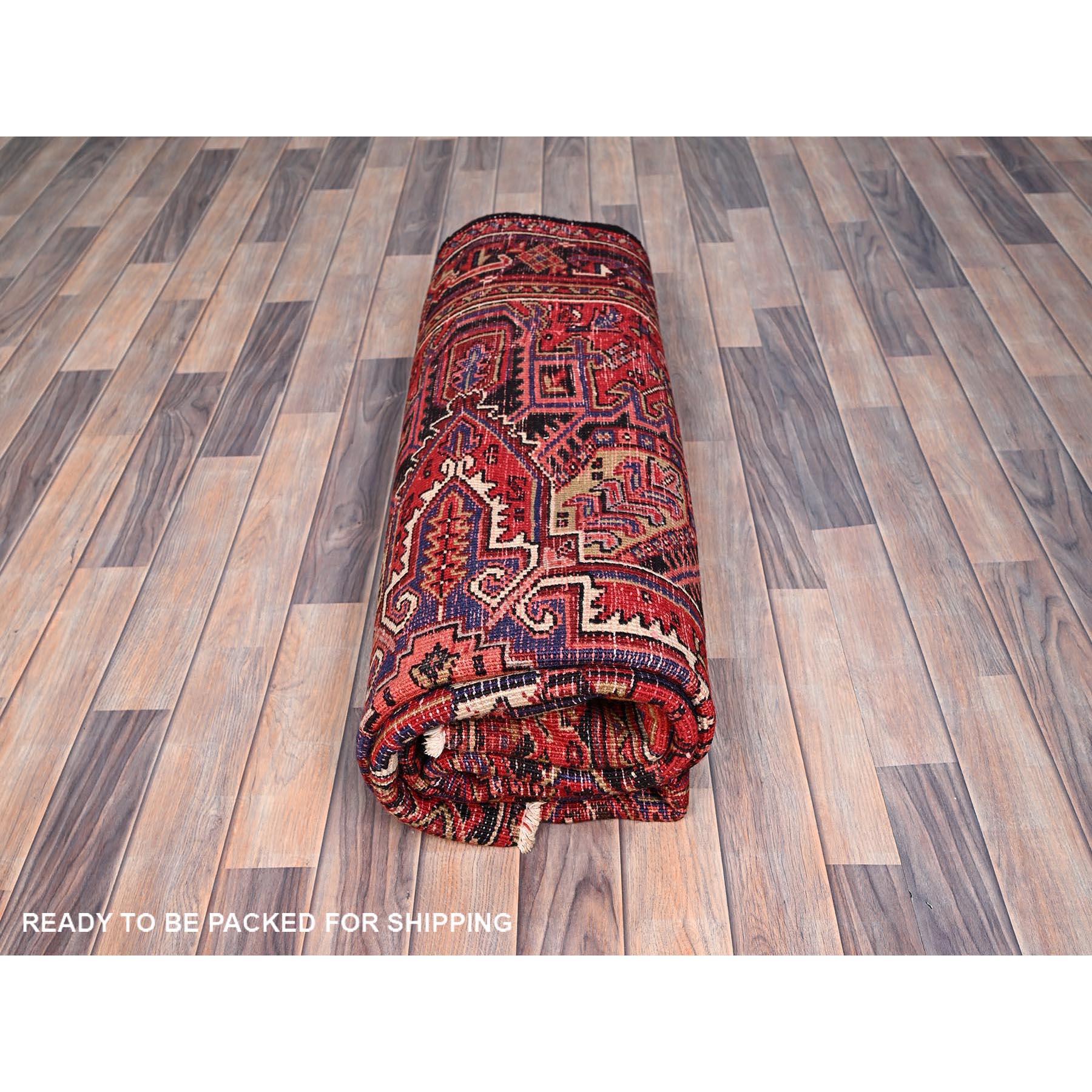 Red Hand Knotted Vintage Persian Heriz Evenly Worn Pure Wool Worn Down Clean Rug For Sale 4