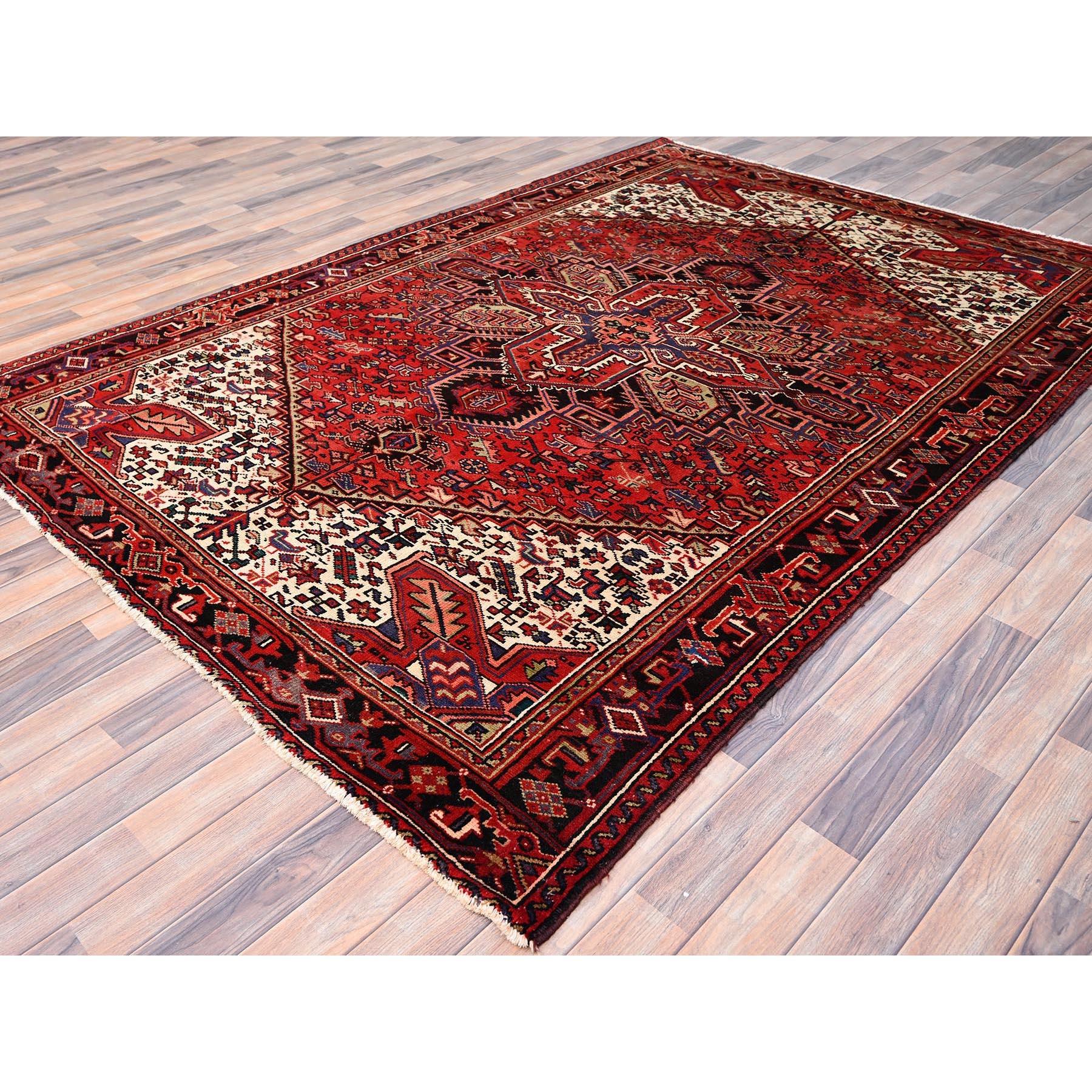 Hand-Knotted Red Hand Knotted Vintage Persian Heriz Evenly Worn Pure Wool Worn Down Clean Rug For Sale