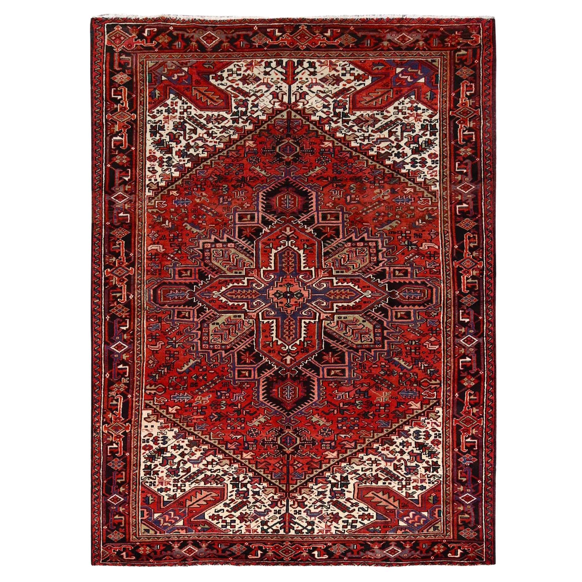 Red Hand Knotted Vintage Persian Heriz Evenly Worn Pure Wool Worn Down Clean Rug For Sale