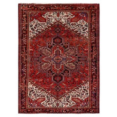 Red Hand Knotted Vintage Persian Heriz Evenly Worn Pure Wool Worn Down Clean Rug