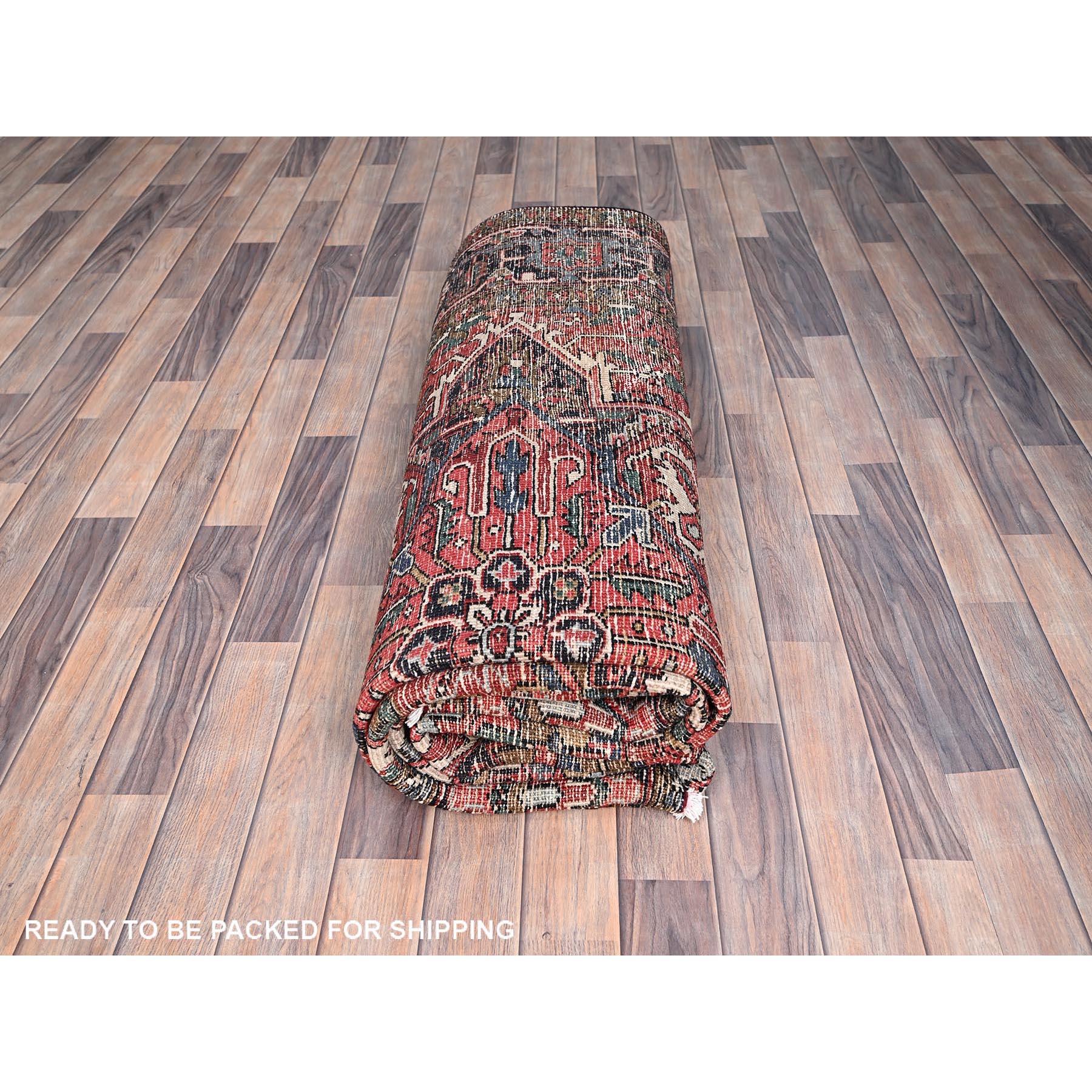 Red Hand Knotted Vintage Persian Heriz Excellent Condition Soft Wool Abrash Rug For Sale 4