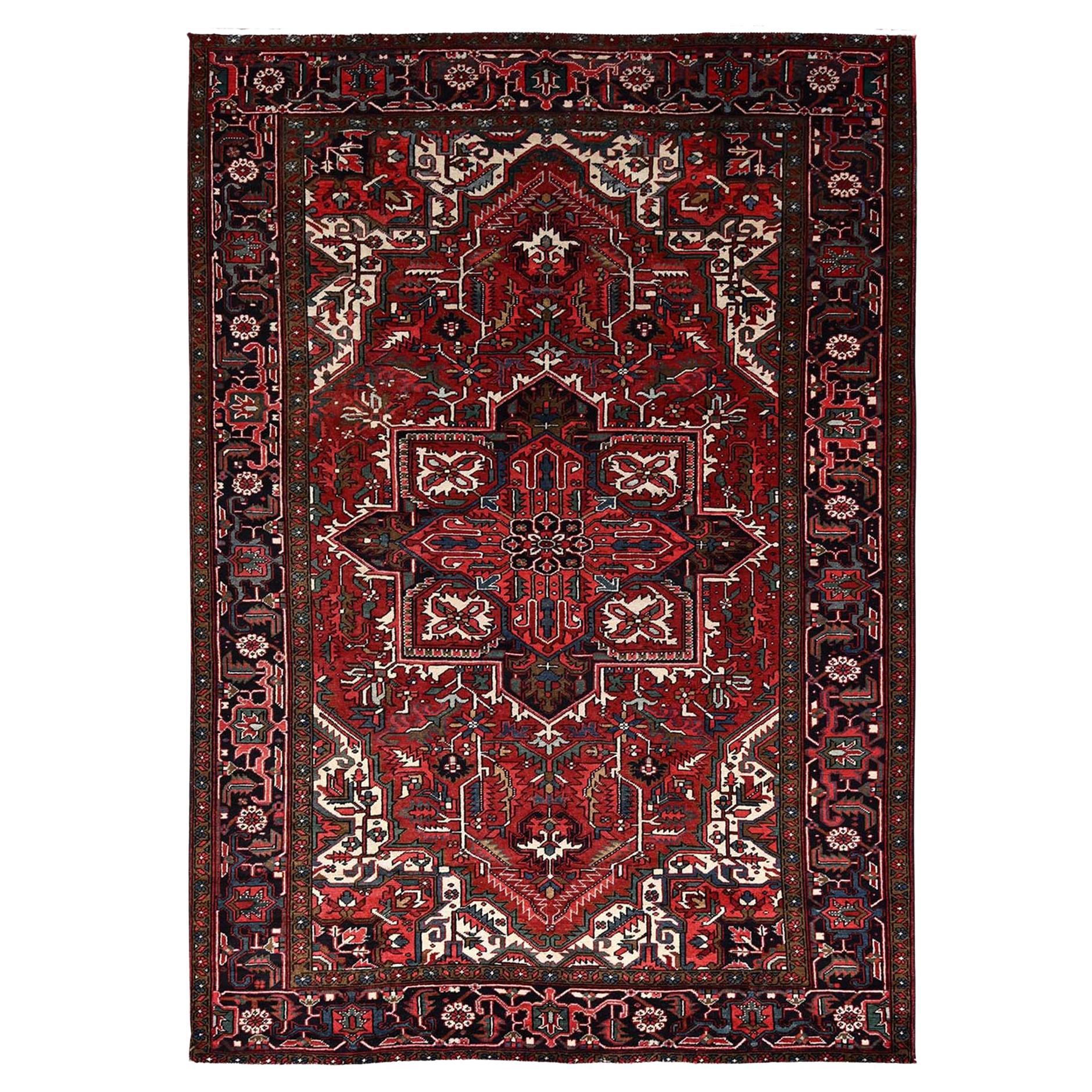 Red Hand Knotted Vintage Persian Heriz Excellent Condition Soft Wool Abrash Rug For Sale