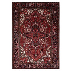 Red Hand Knotted Vintage Persian Heriz Excellent Condition Soft Wool Abrash Rug