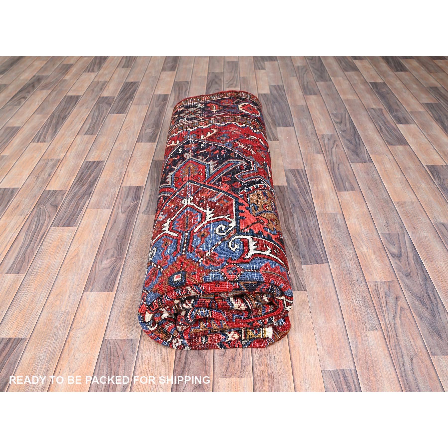 Red Hand Knotted Vintage Persian Heriz Geometric Pattern Rustic Look Wool Rug For Sale 4