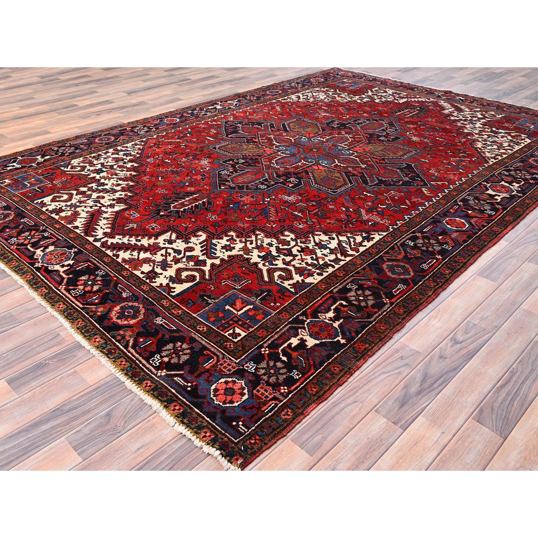 Hand-Knotted Red Hand Knotted Vintage Persian Heriz Geometric Pattern Rustic Look Wool Rug For Sale