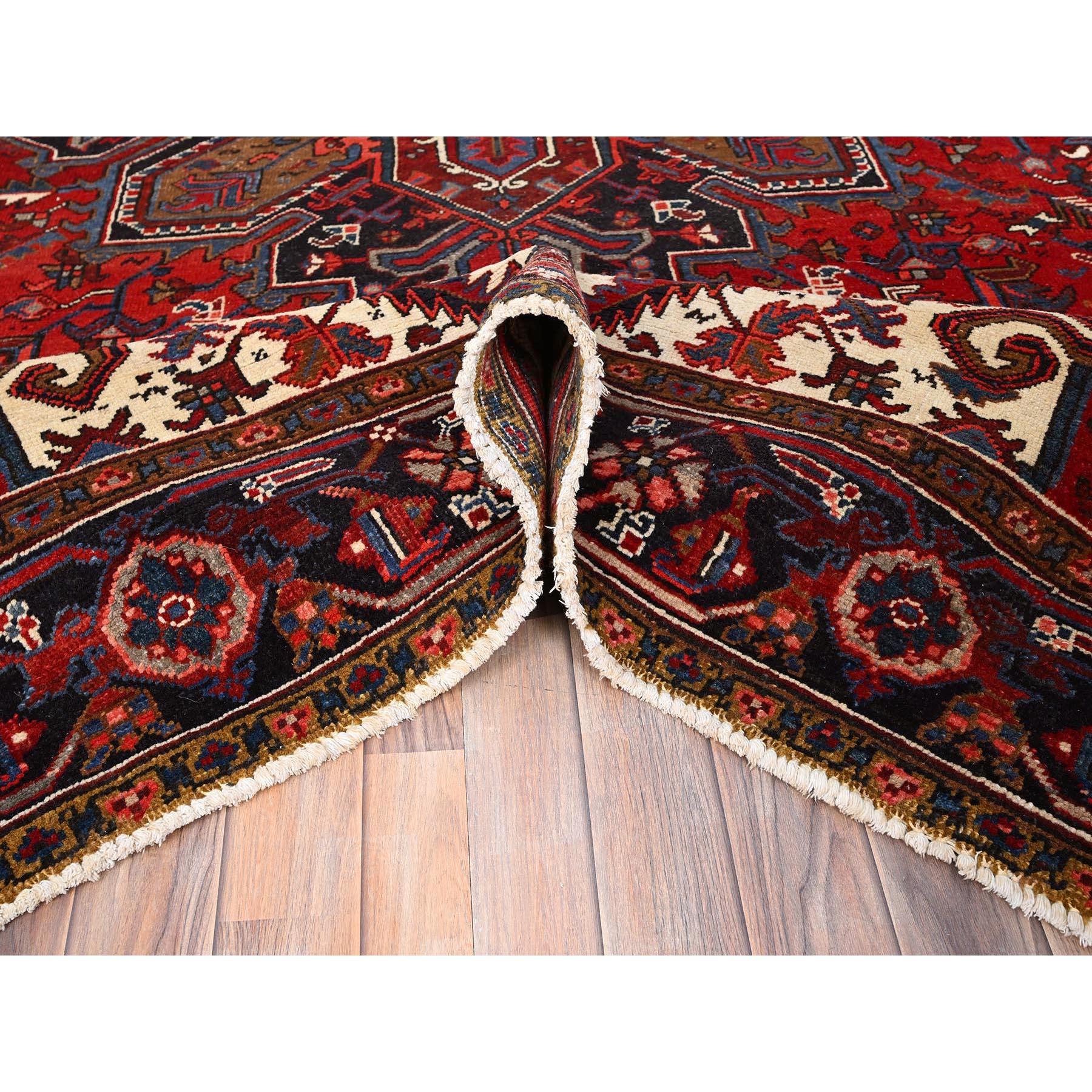 Mid-20th Century Red Hand Knotted Vintage Persian Heriz Geometric Pattern Rustic Look Wool Rug For Sale