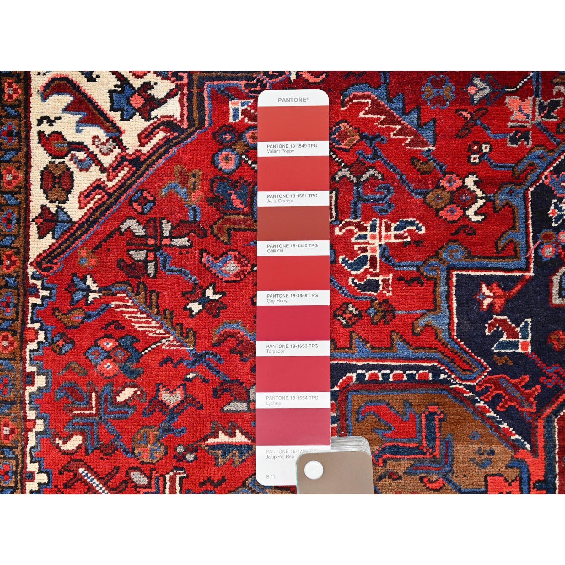 Red Hand Knotted Vintage Persian Heriz Geometric Pattern Rustic Look Wool Rug For Sale 2
