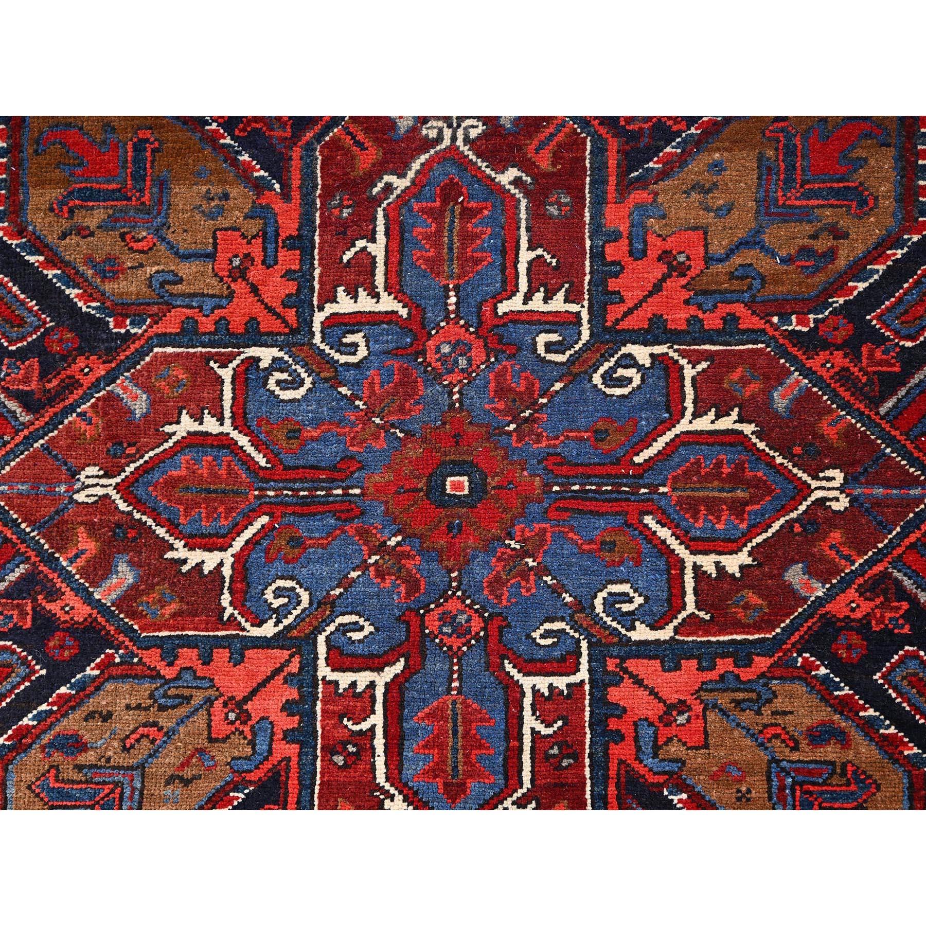 Red Hand Knotted Vintage Persian Heriz Geometric Pattern Rustic Look Wool Rug For Sale 3