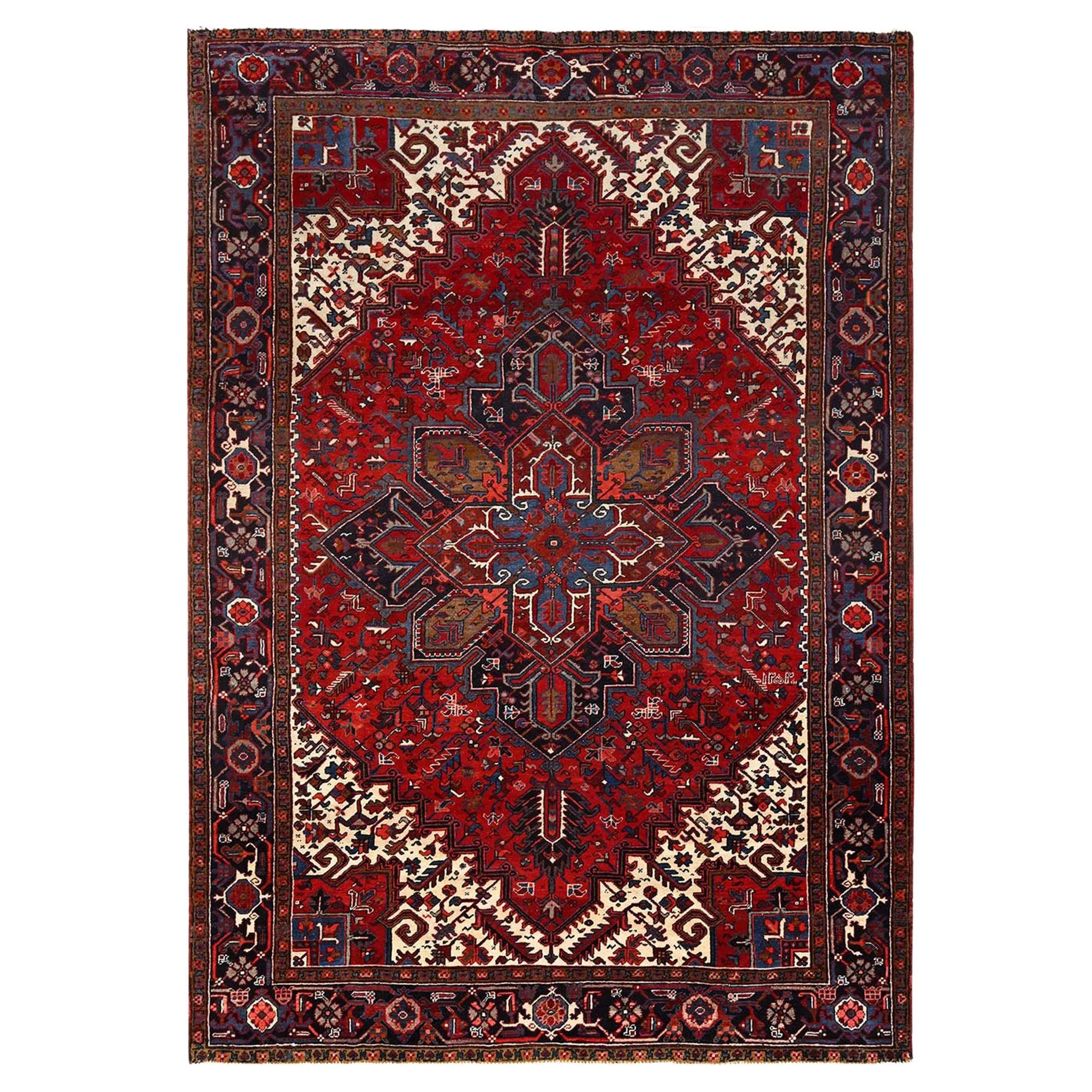 Red Hand Knotted Vintage Persian Heriz Geometric Pattern Rustic Look Wool Rug For Sale