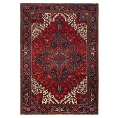 Tapis en laine rouge vintage persan Heriz à motif géométrique et look rustique noué à la main