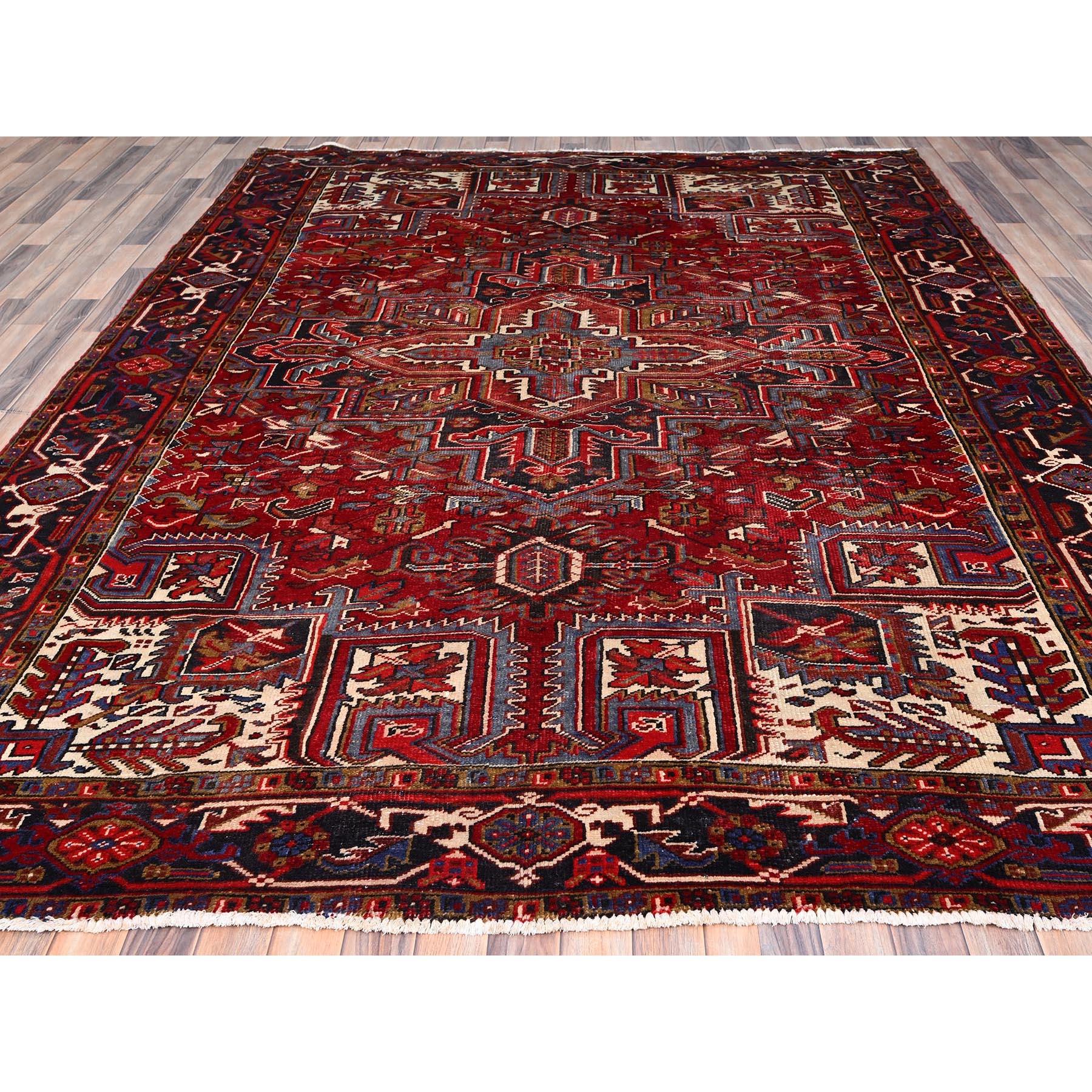 Red Hand Knotted Vintage Persian Heriz Wool Sides and Ends Secured Worn Down Rug For Sale 5