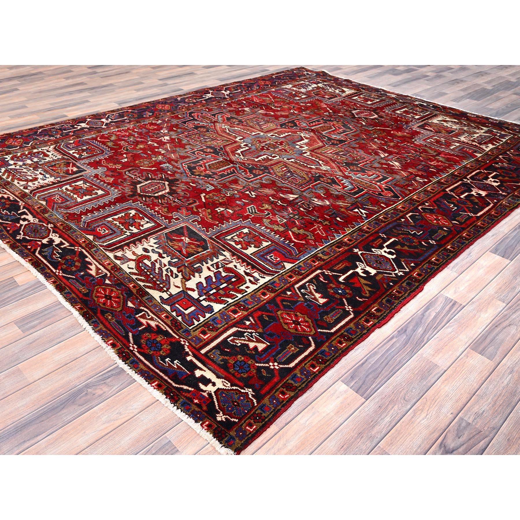 Red Hand Knotted Vintage Persian Heriz Wool Sides and Ends Secured Worn Down Rug For Sale 6
