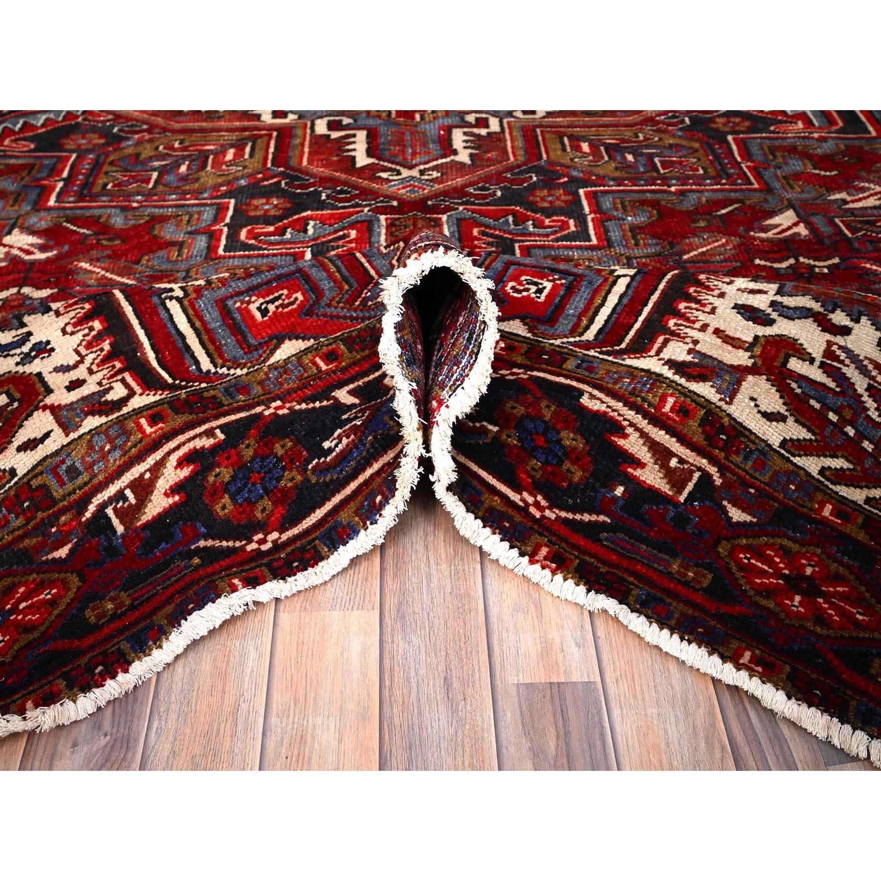 Medieval Red Hand Knotted Vintage Persian Heriz Wool Sides and Ends Secured Worn Down Rug For Sale