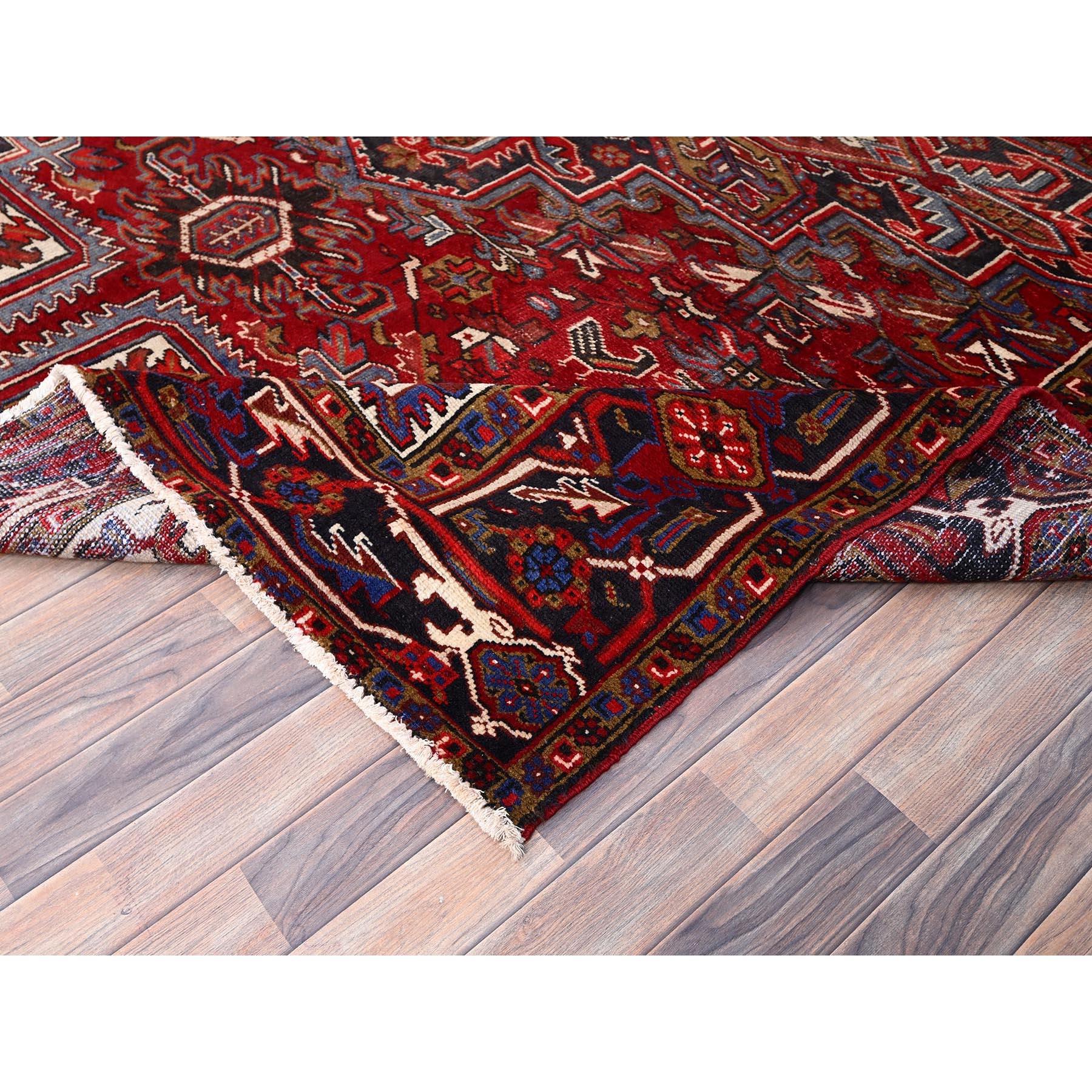 Hand-Knotted Red Hand Knotted Vintage Persian Heriz Wool Sides and Ends Secured Worn Down Rug For Sale