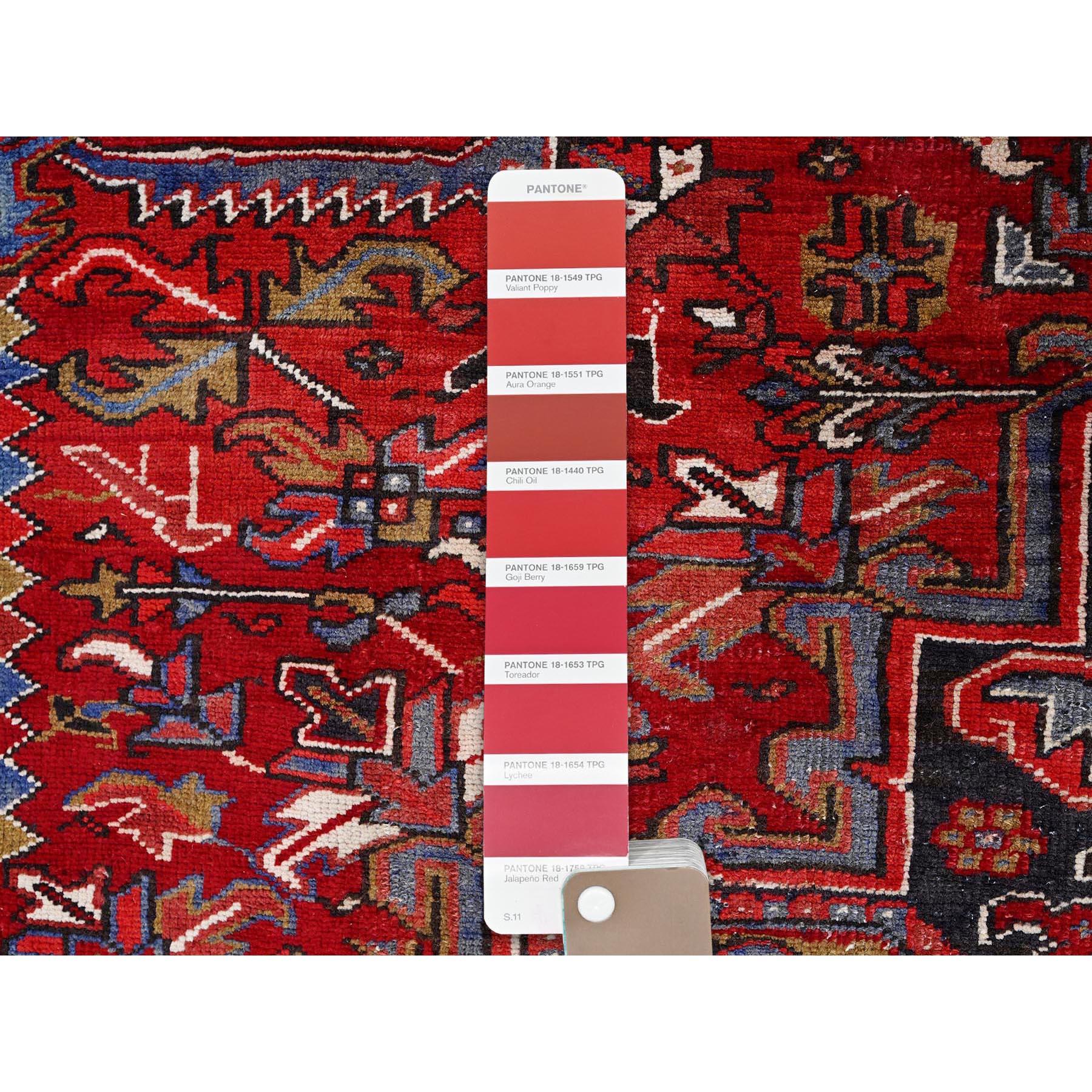 Red Hand Knotted Vintage Persian Heriz Wool Sides and Ends Secured Worn Down Rug In Good Condition For Sale In Carlstadt, NJ