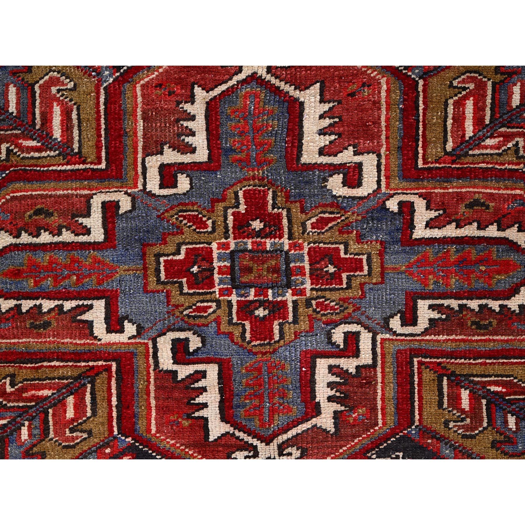 Mid-20th Century Red Hand Knotted Vintage Persian Heriz Wool Sides and Ends Secured Worn Down Rug For Sale