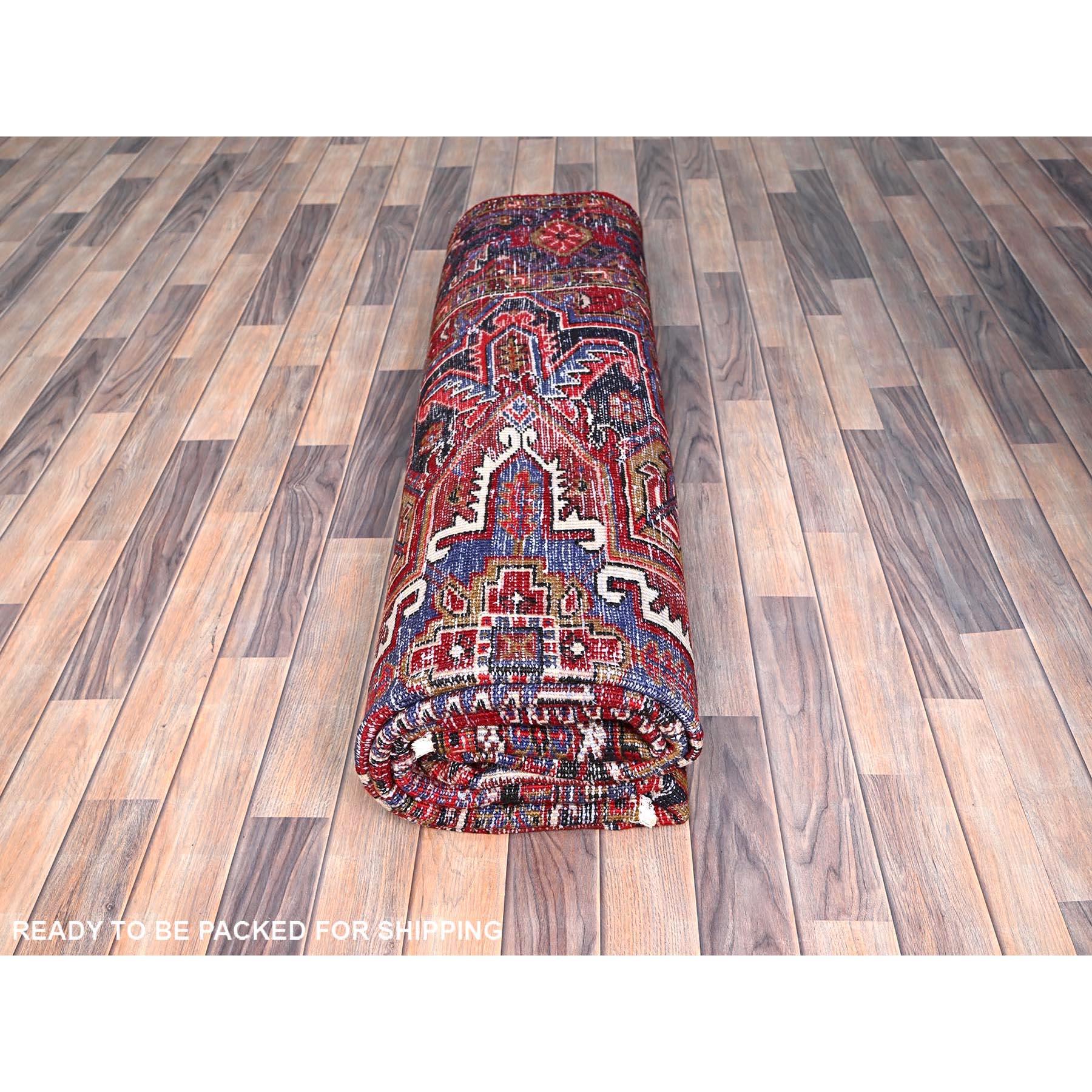 Red Hand Knotted Vintage Persian Heriz Wool Sides and Ends Secured Worn Down Rug For Sale 1