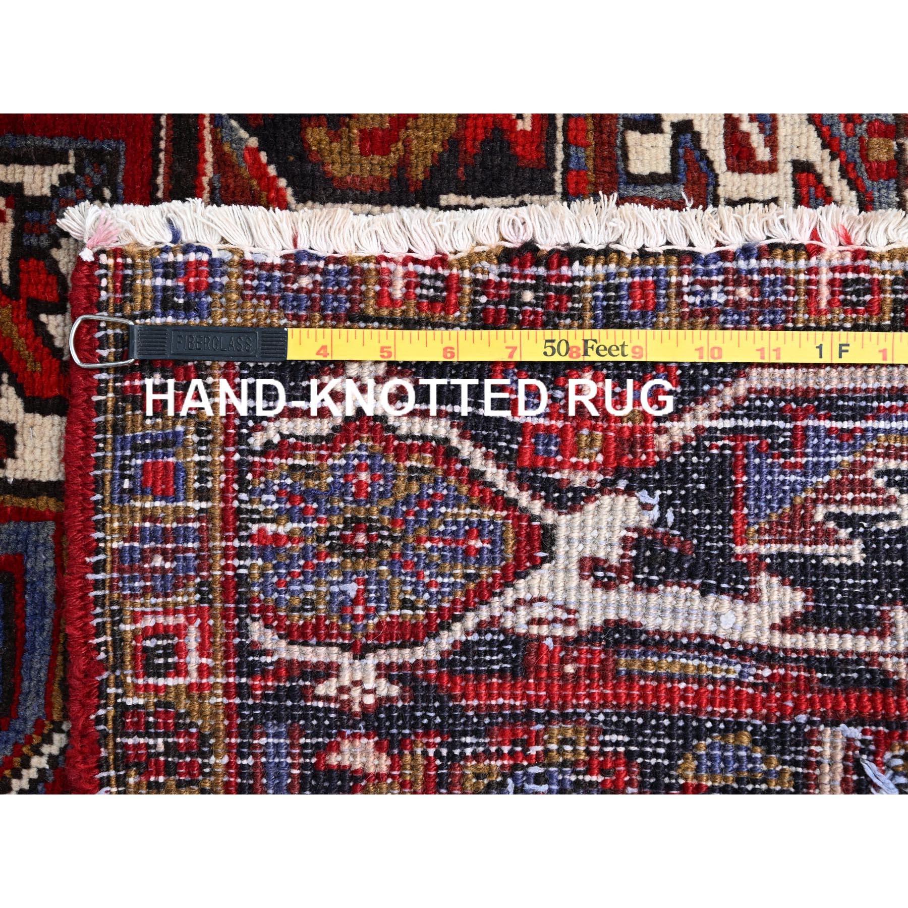 Red Hand Knotted Vintage Persian Heriz Wool Sides and Ends Secured Worn Down Rug For Sale 3