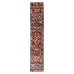 Red Hand Knotted Vintage Persian Lilahan Distressed Look Wool Narrow Runner Rug