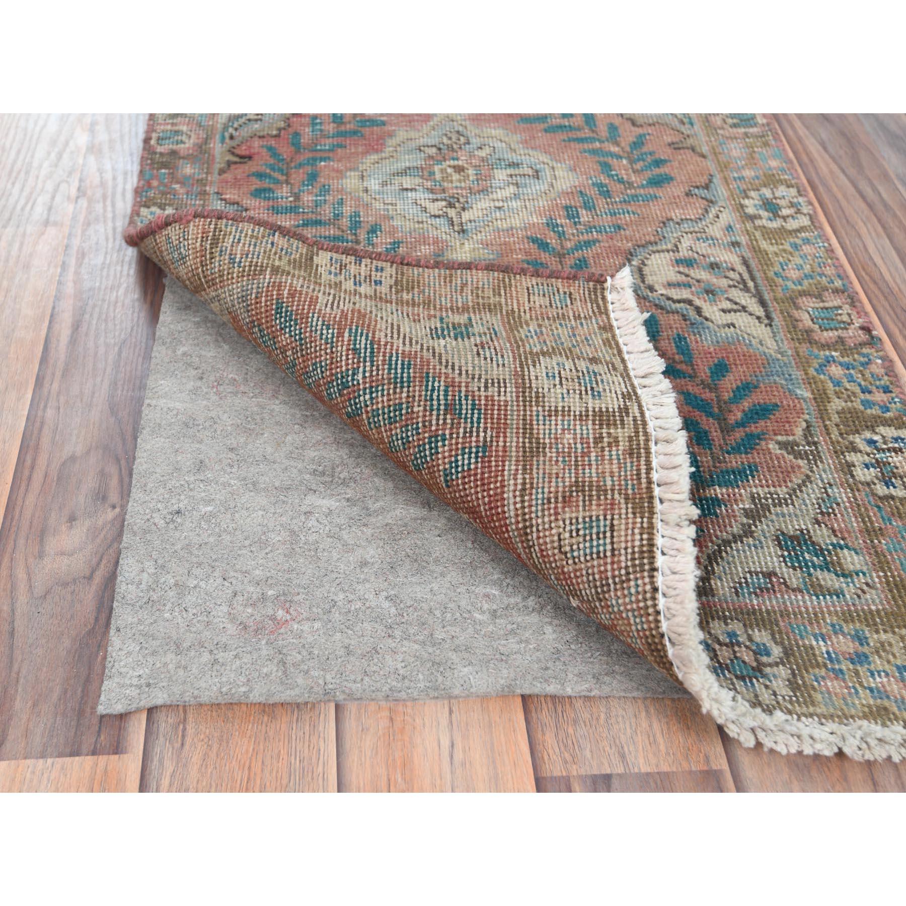 Medieval Red Hand Knotted Vintage Persian Tabriz Sheared Low Worn Wool Narrow Runner Rug