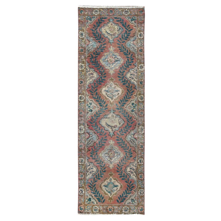 Tapis De Coureur Persan Senneh 3x10 – Noué Main – Laine – Rouge, Blanc, Beige