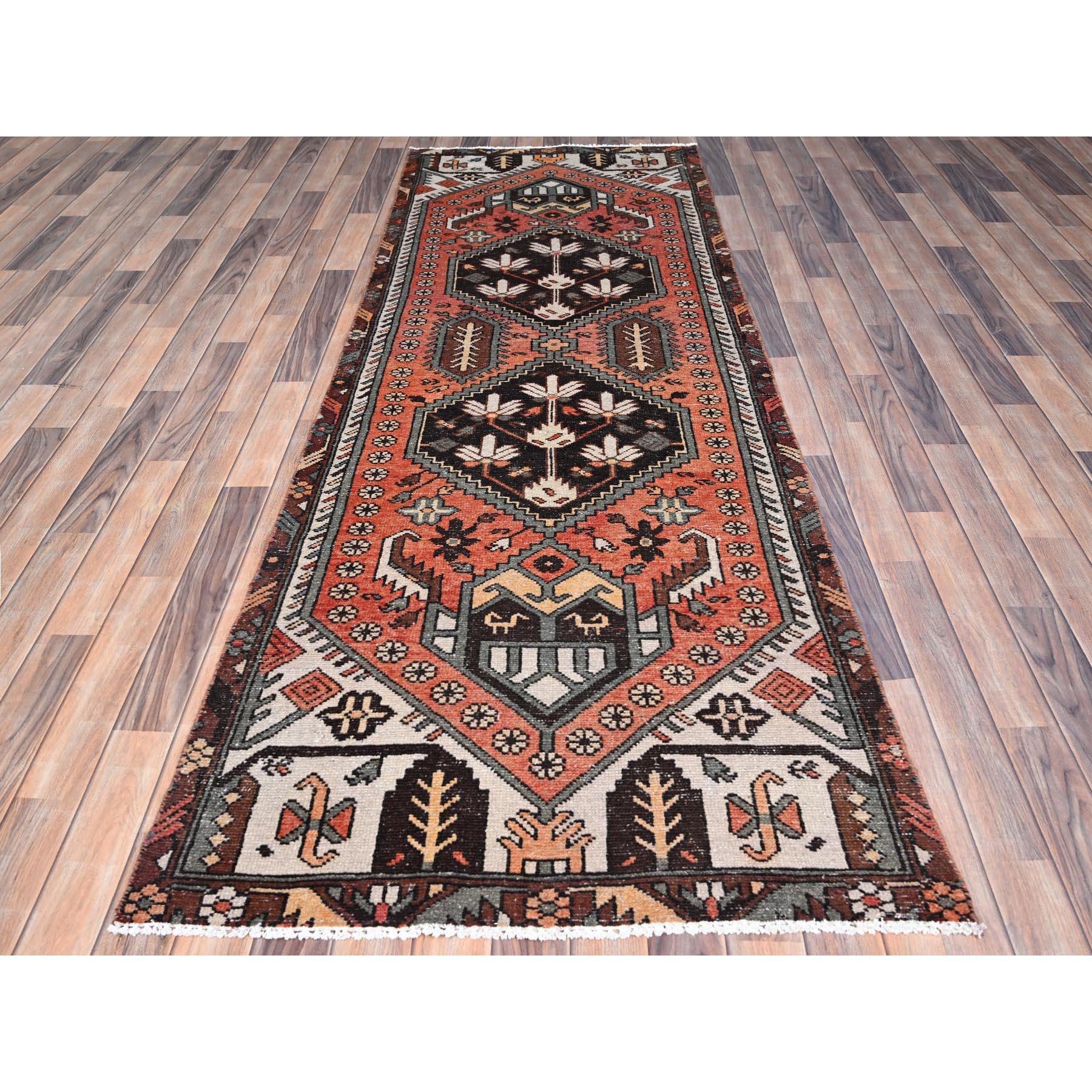Medieval Red Hand Knotted Wool Clean Old Persian Bakhtiari Sheared Low Wide Runner Rug For Sale