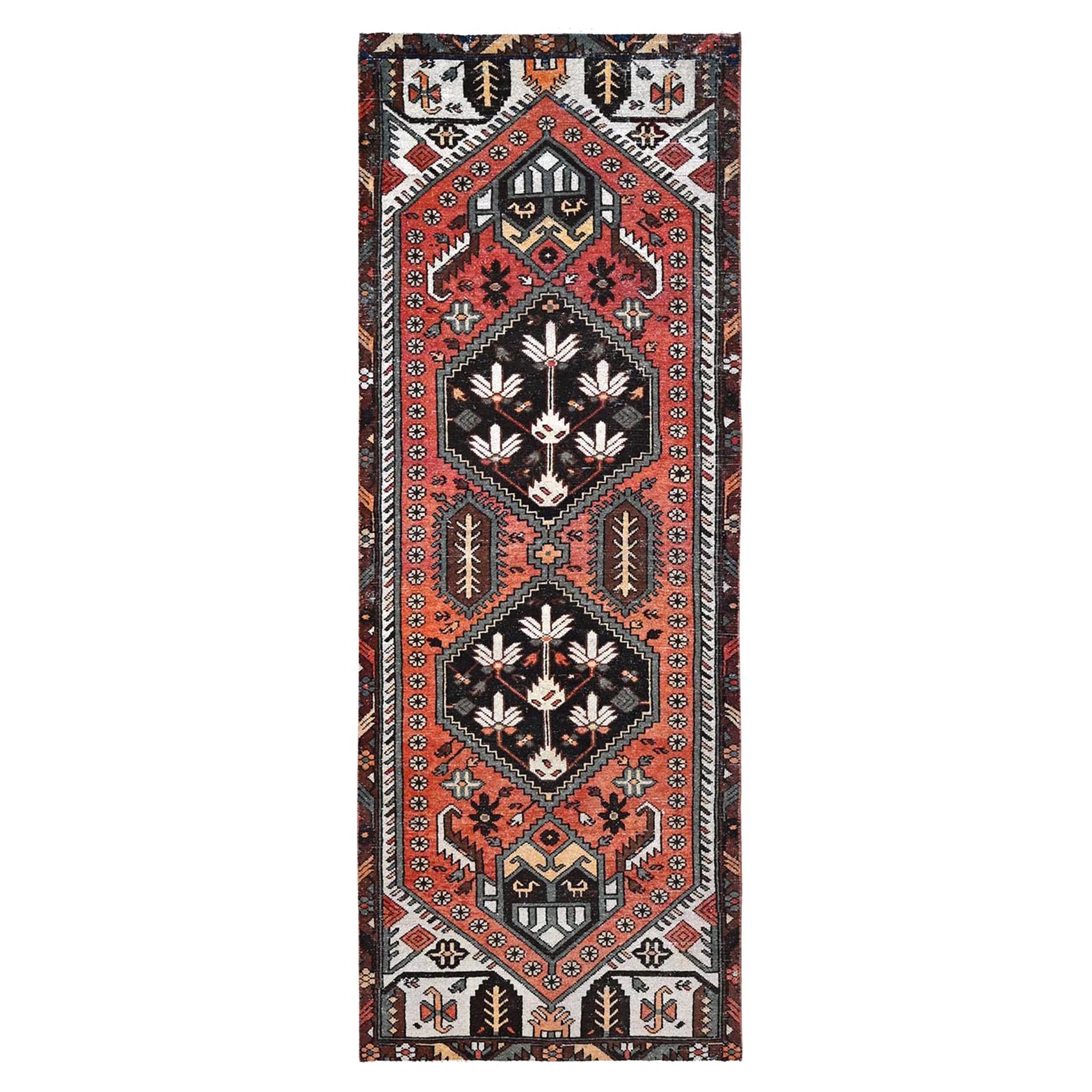 Red Hand Knotted Wool Clean Old Persian Bakhtiari Sheared Low Wide Runner Rug For Sale