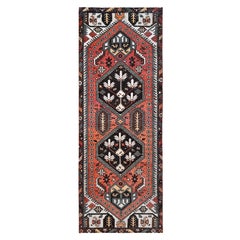 Retro Red Hand Knotted Wool Clean Old Persian Bakhtiari Sheared Low Wide Runner Rug