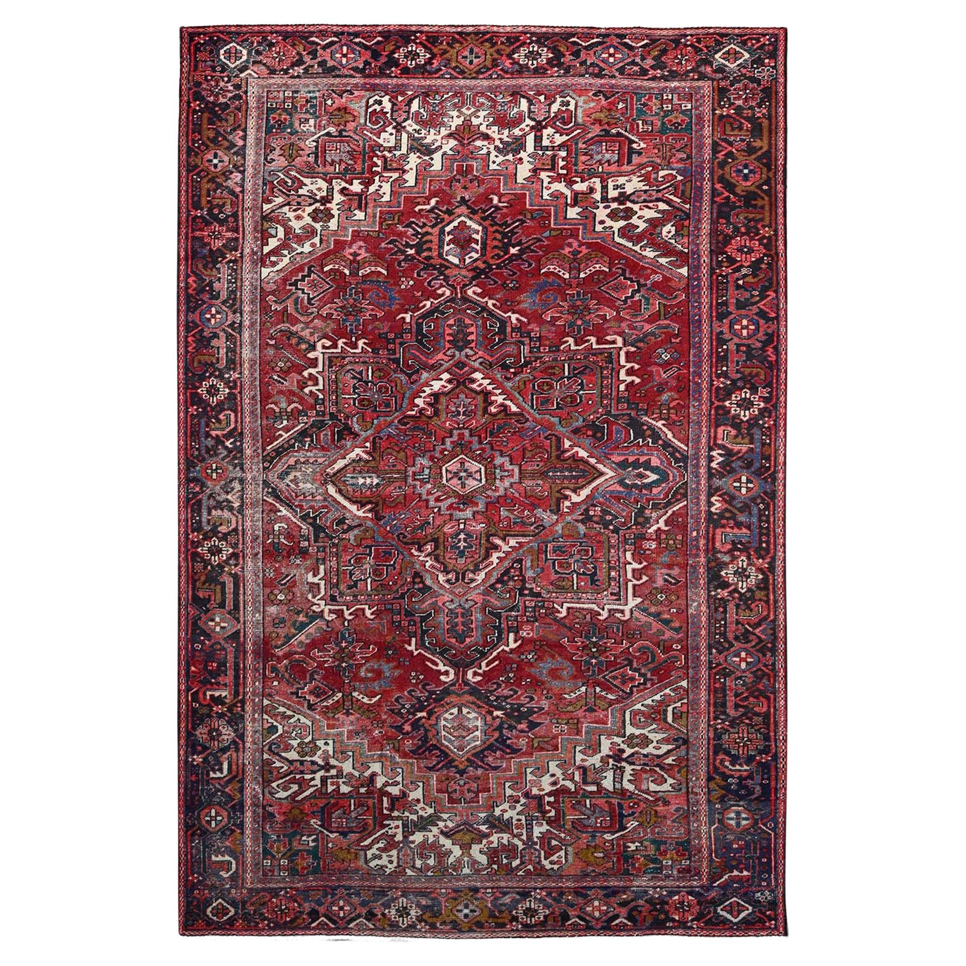 Red Hand Knotted Wool Jewel Tone Color Vintage Persian Heriz Abrash Clean Rug