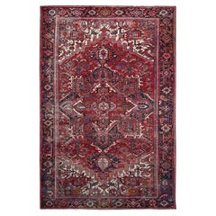 Red Hand Knotted Wool Jewel Tone Color Vintage Persian Heriz Abrash Clean Rug