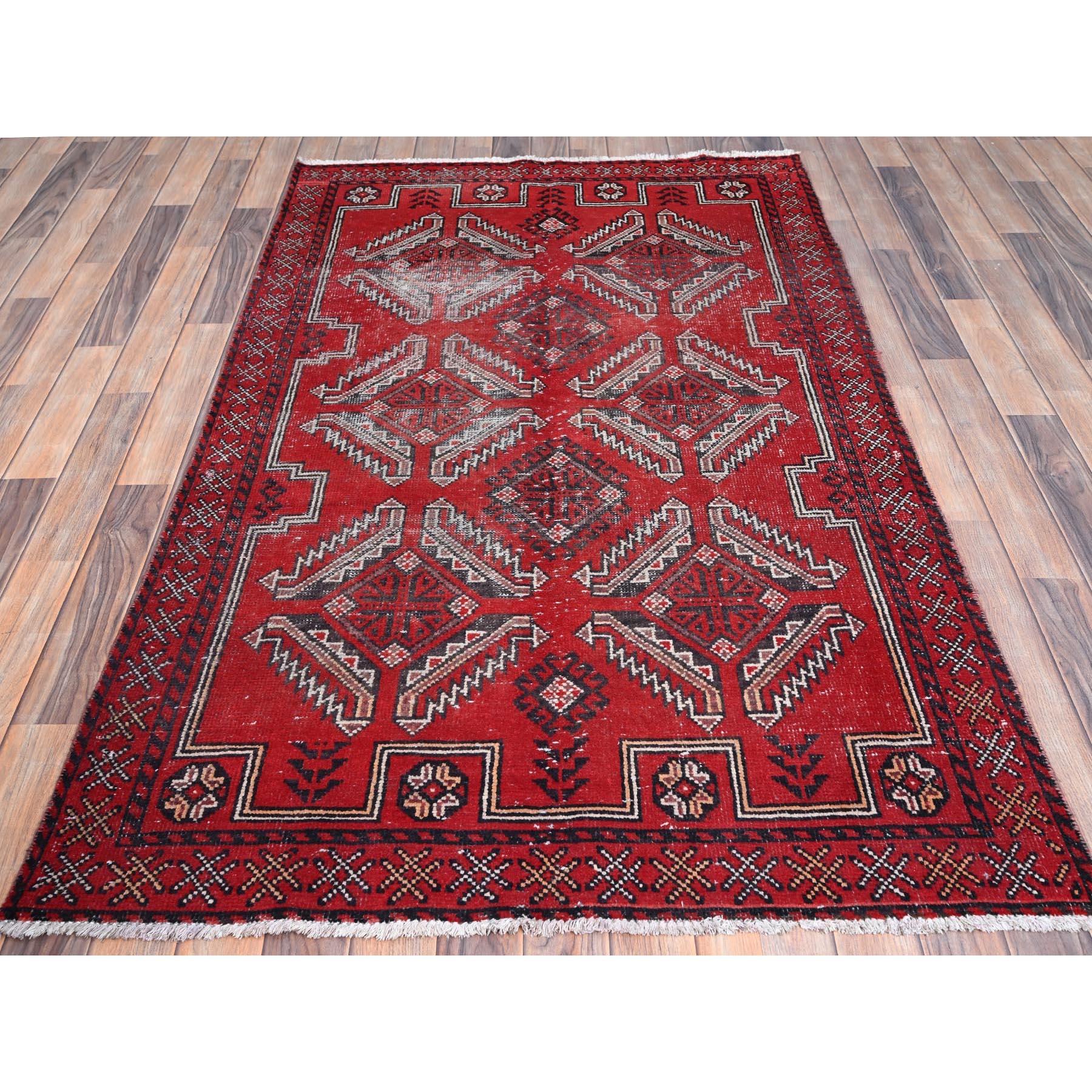 Medieval Red Hand Knotted Wool Old Persian Baluch Abrash Evenly Worn Distressed Clean Rug For Sale