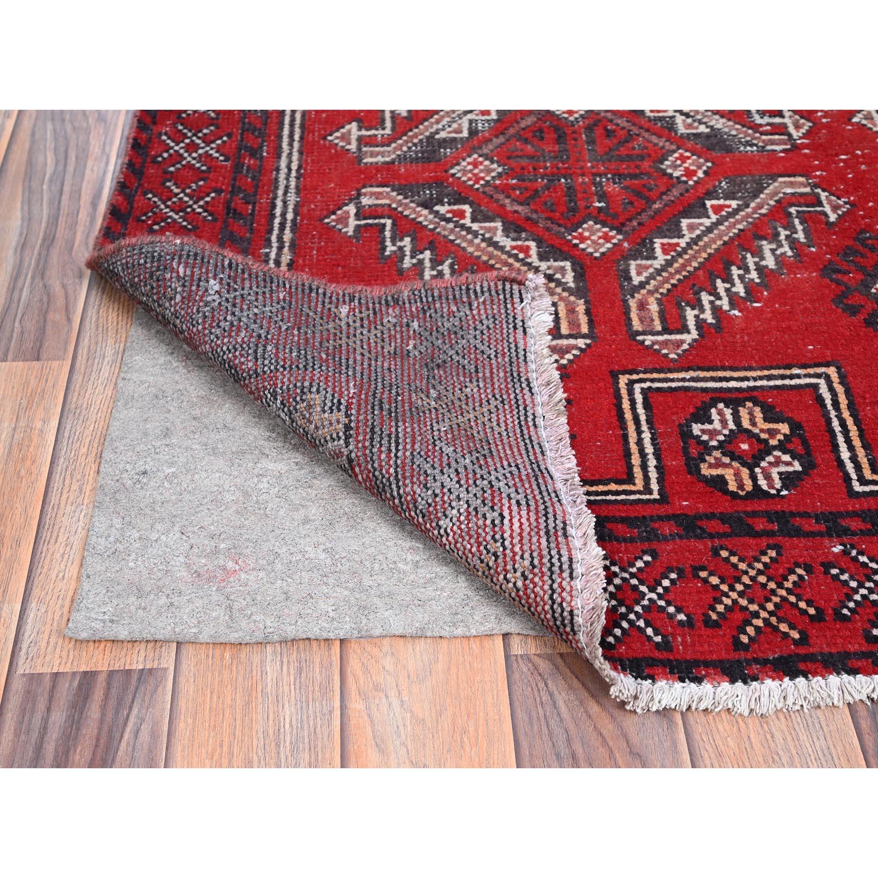 Hand-Knotted Red Hand Knotted Wool Old Persian Baluch Abrash Evenly Worn Distressed Clean Rug For Sale