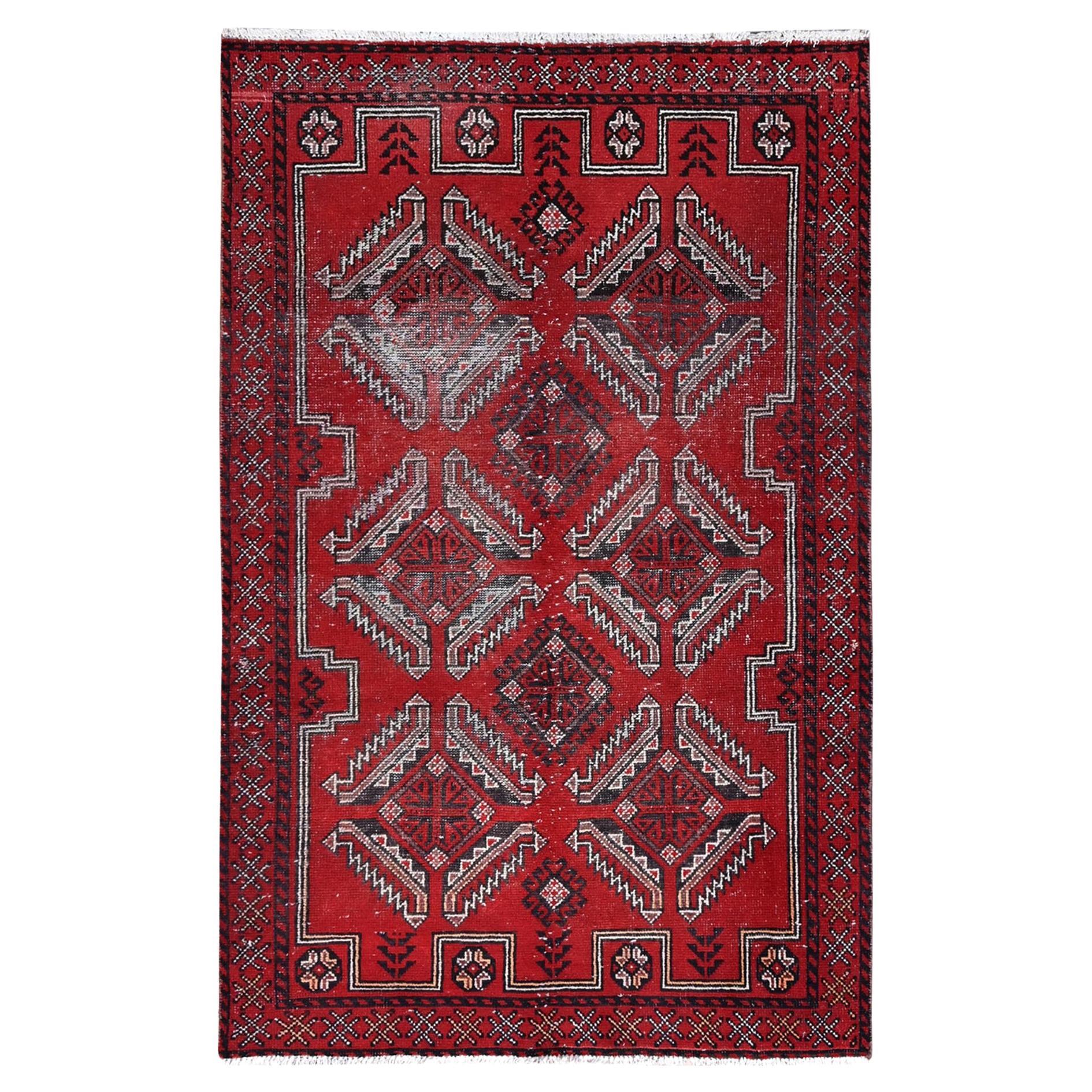 Red Hand Knotted Wool Old Persian Baluch Abrash Evenly Worn Distressed Clean Rug For Sale