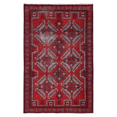 Vintage Red Hand Knotted Wool Old Persian Baluch Abrash Evenly Worn Distressed Clean Rug
