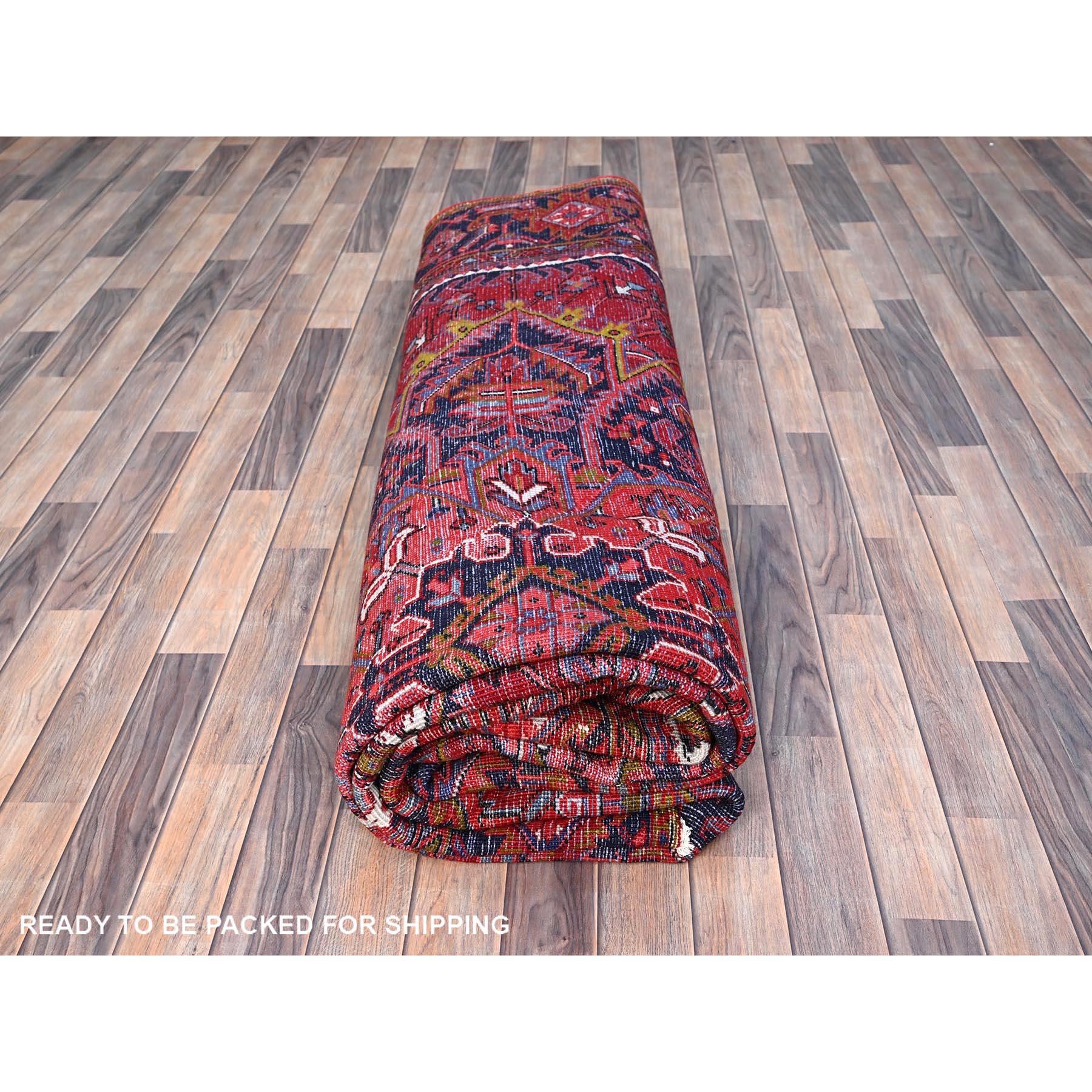 Red Hand Knotted Wool Vintage Distressed Look Persian Heriz Tribal Ambience Rug For Sale 4