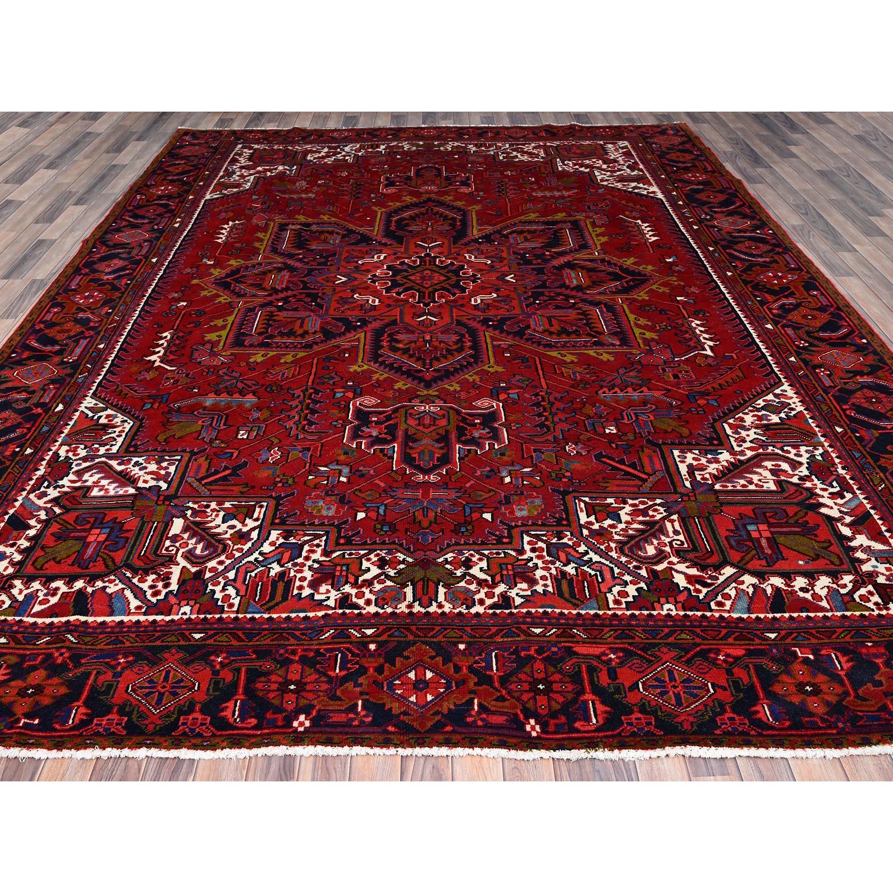 Medieval Red Hand Knotted Wool Vintage Distressed Look Persian Heriz Tribal Ambience Rug For Sale