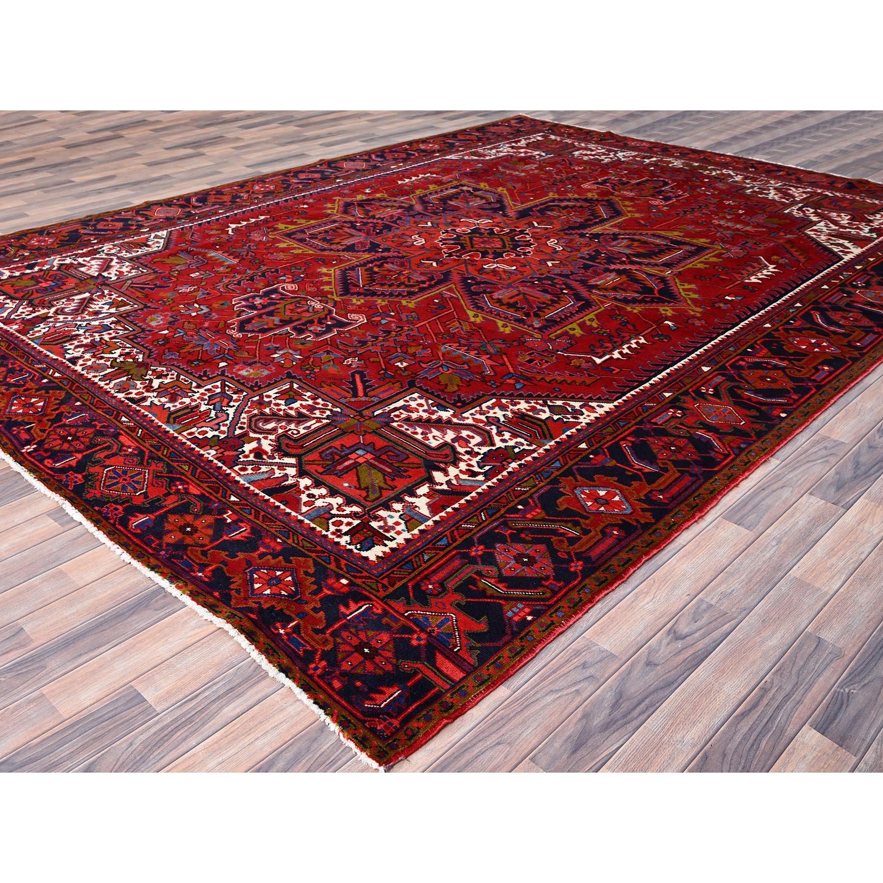 Hand-Knotted Red Hand Knotted Wool Vintage Distressed Look Persian Heriz Tribal Ambience Rug For Sale