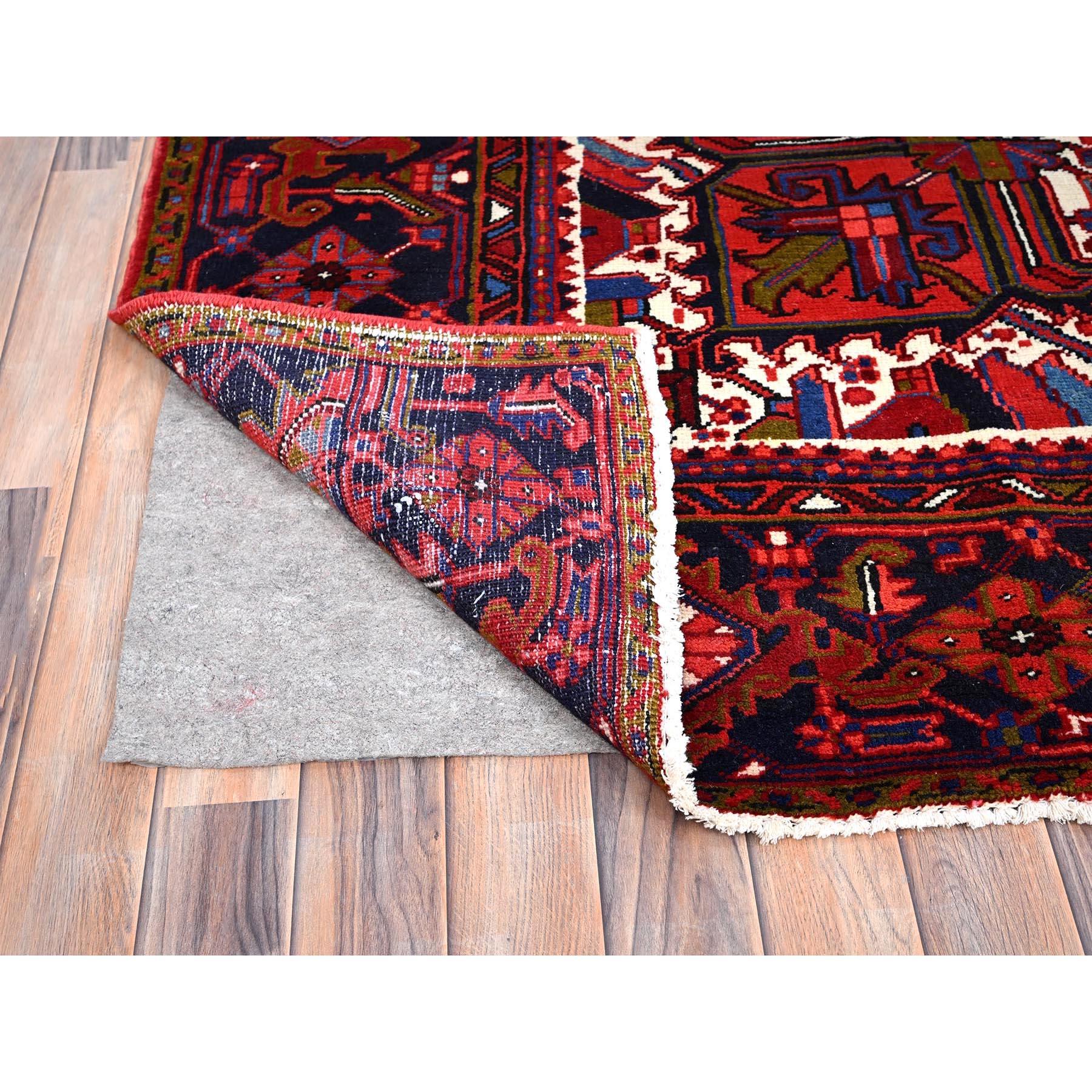Red Hand Knotted Wool Vintage Distressed Look Persian Heriz Tribal Ambience Rug In Good Condition For Sale In Carlstadt, NJ