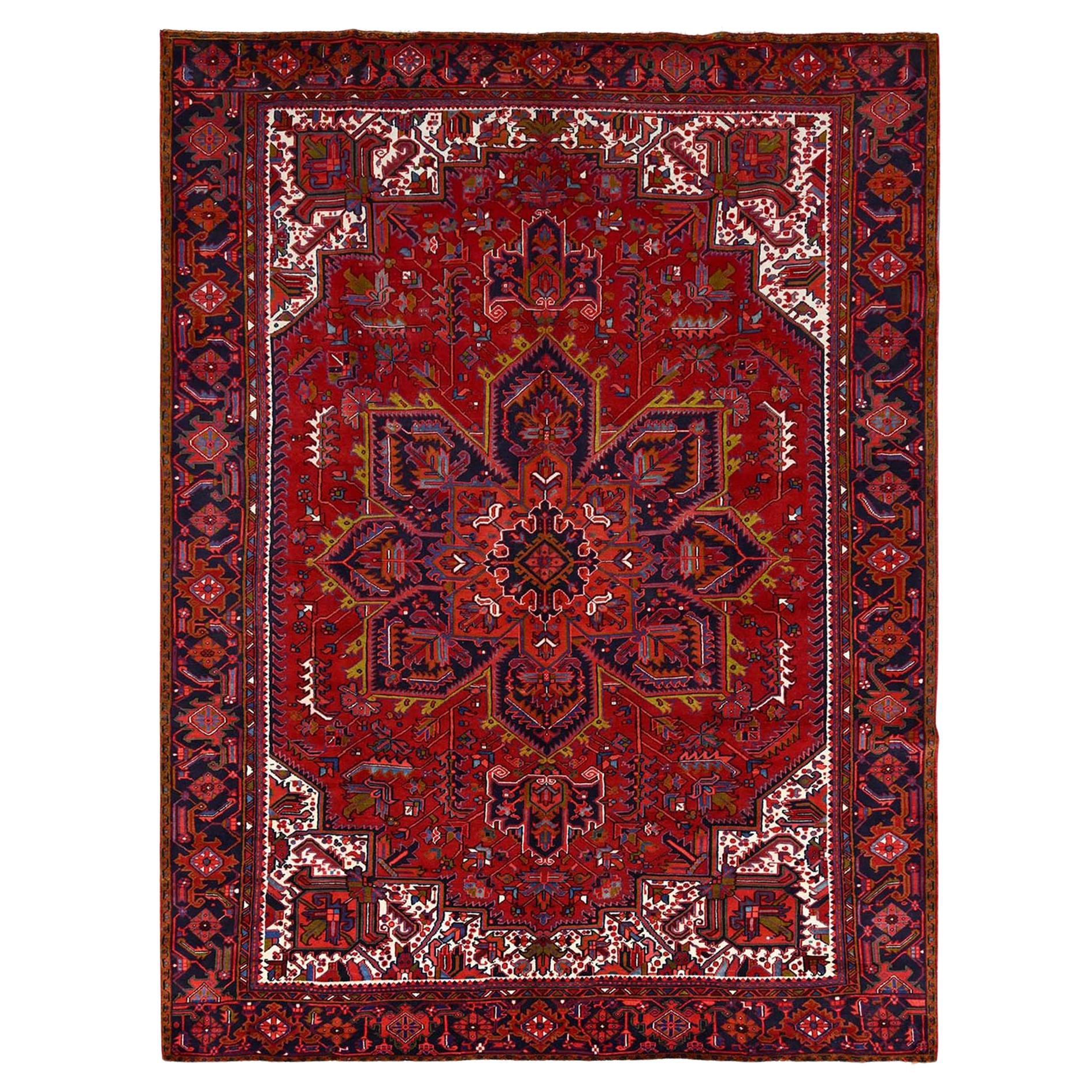 Red Hand Knotted Wool Vintage Distressed Look Persian Heriz Tribal Ambience Rug For Sale