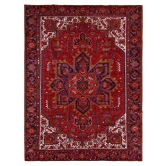 Red Hand Knotted Wool Retro Distressed Look Persian Heriz Tribal Ambience Rug