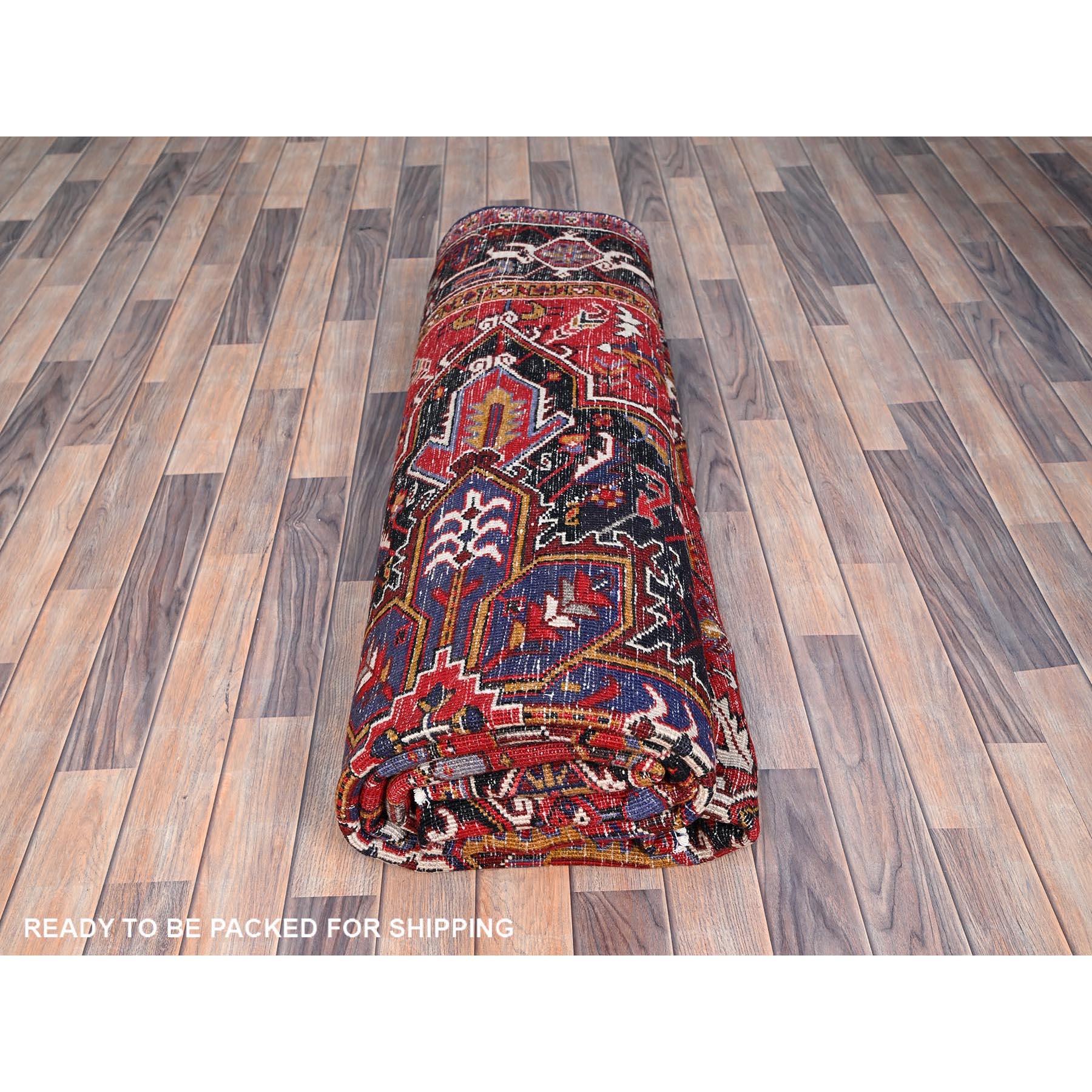 Red Hand Knotted Worn Down Vintage Wool Persian Heriz with Tribal Ambience Rug For Sale 4