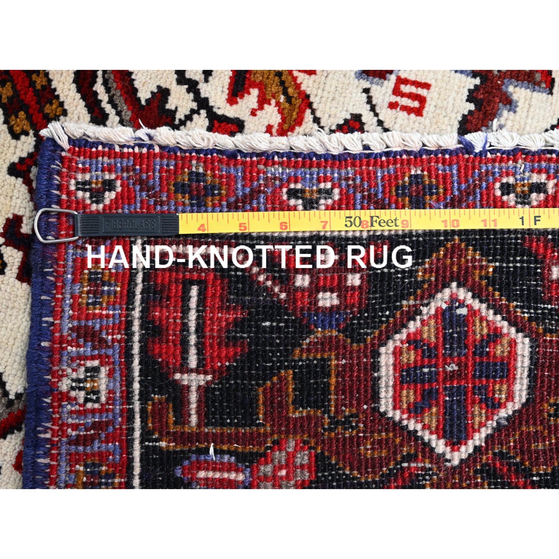 Red Hand Knotted Worn Down Vintage Wool Persian Heriz with Tribal Ambience Rug For Sale 6