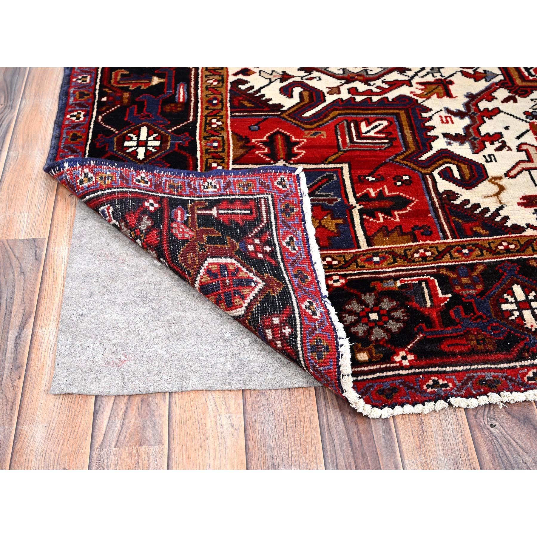 Red Hand Knotted Worn Down Vintage Wool Persian Heriz with Tribal Ambience Rug In Good Condition For Sale In Carlstadt, NJ