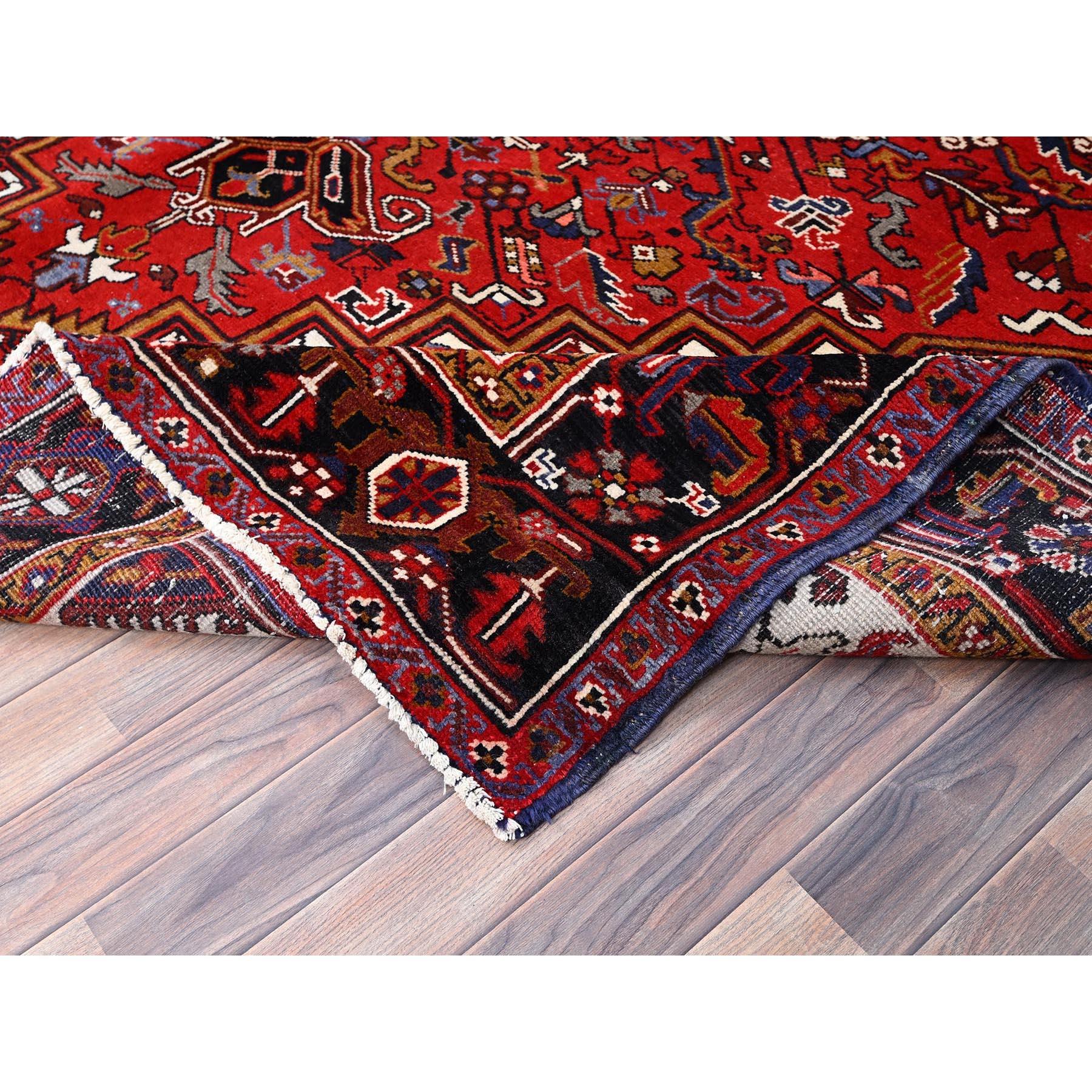 Red Hand Knotted Worn Down Vintage Wool Persian Heriz with Tribal Ambience Rug For Sale 1